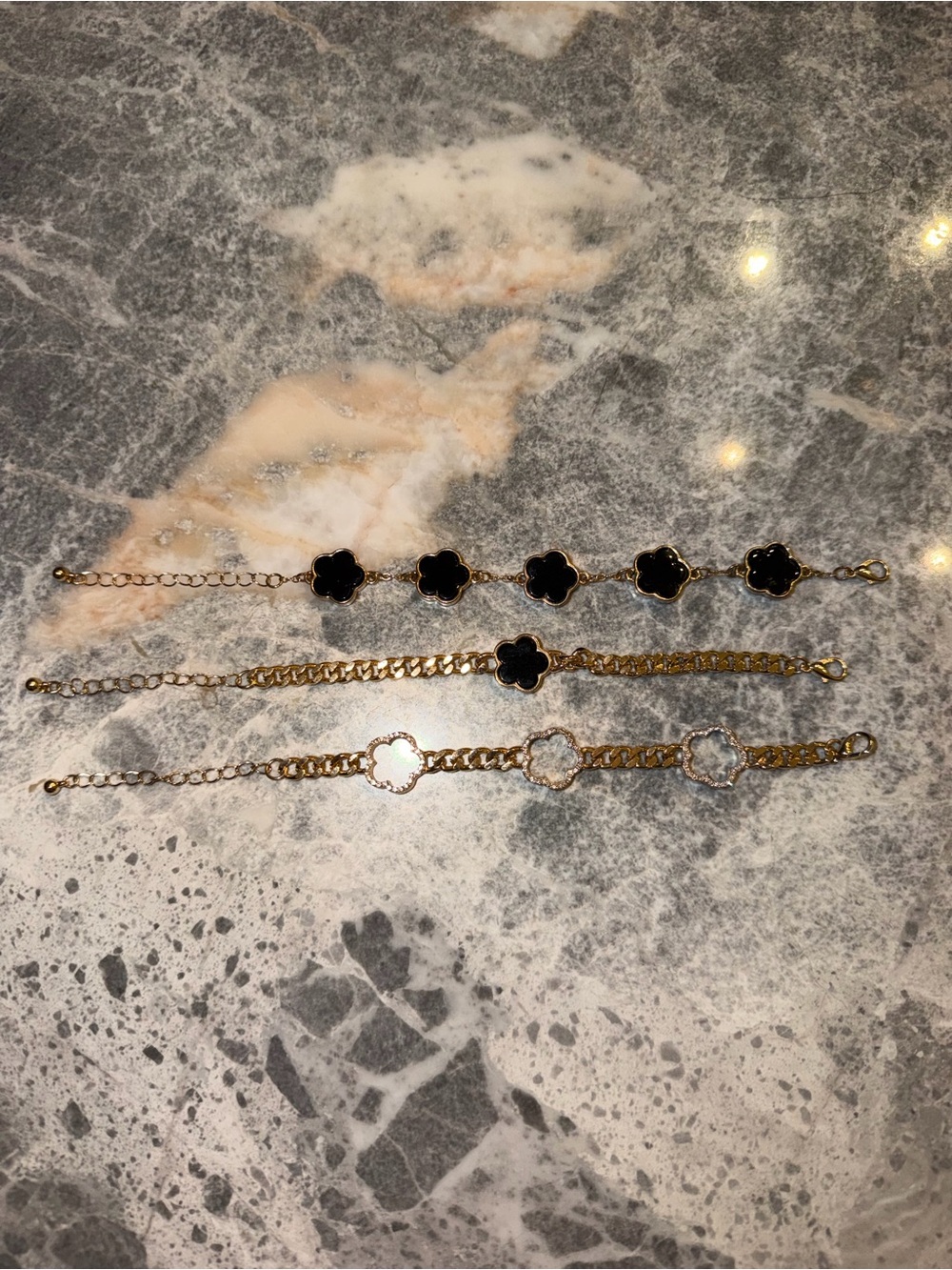 Gold Four-Leaf Clover Chain Bracelets Set with Black and White Accents